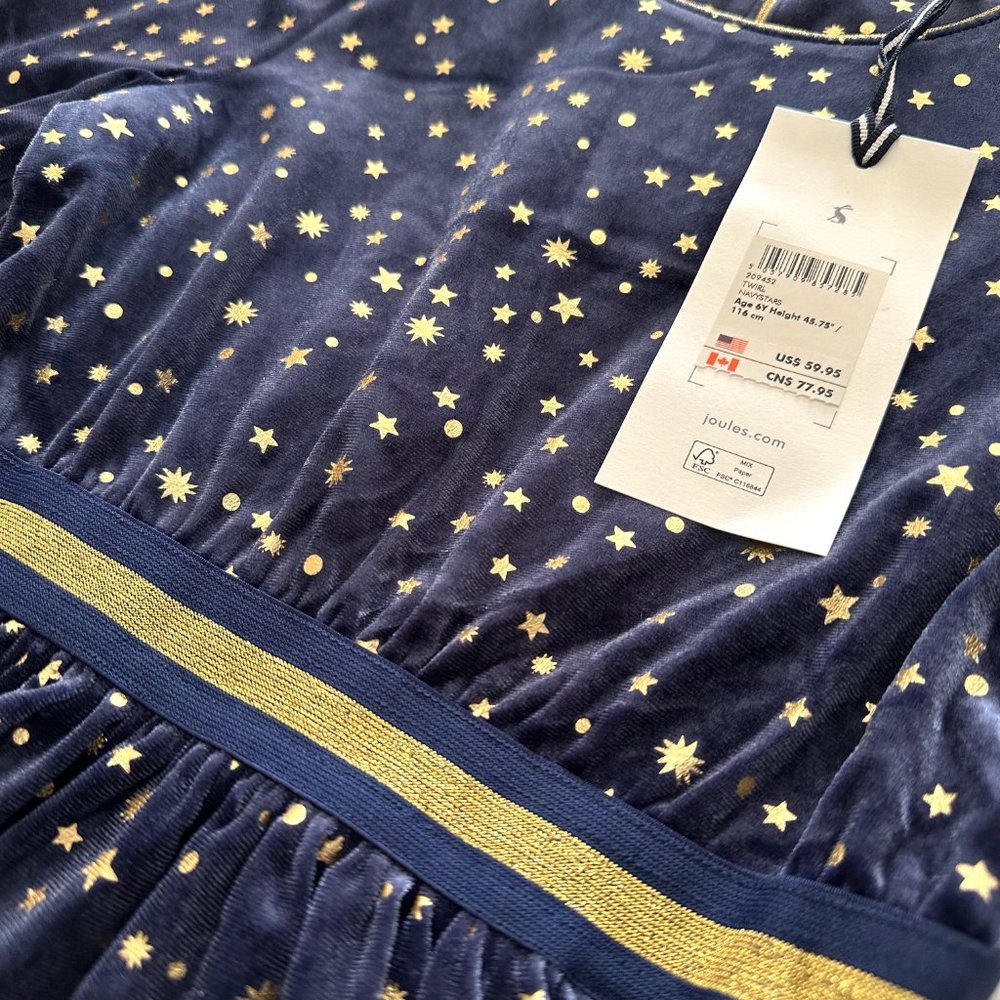 Joules Girls' Navy Velvet Star-Print Dress with Gold Trim - Picture 8 of 9